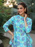 White & Blue Pure Cotton Floral Printed Fit & Flare Top